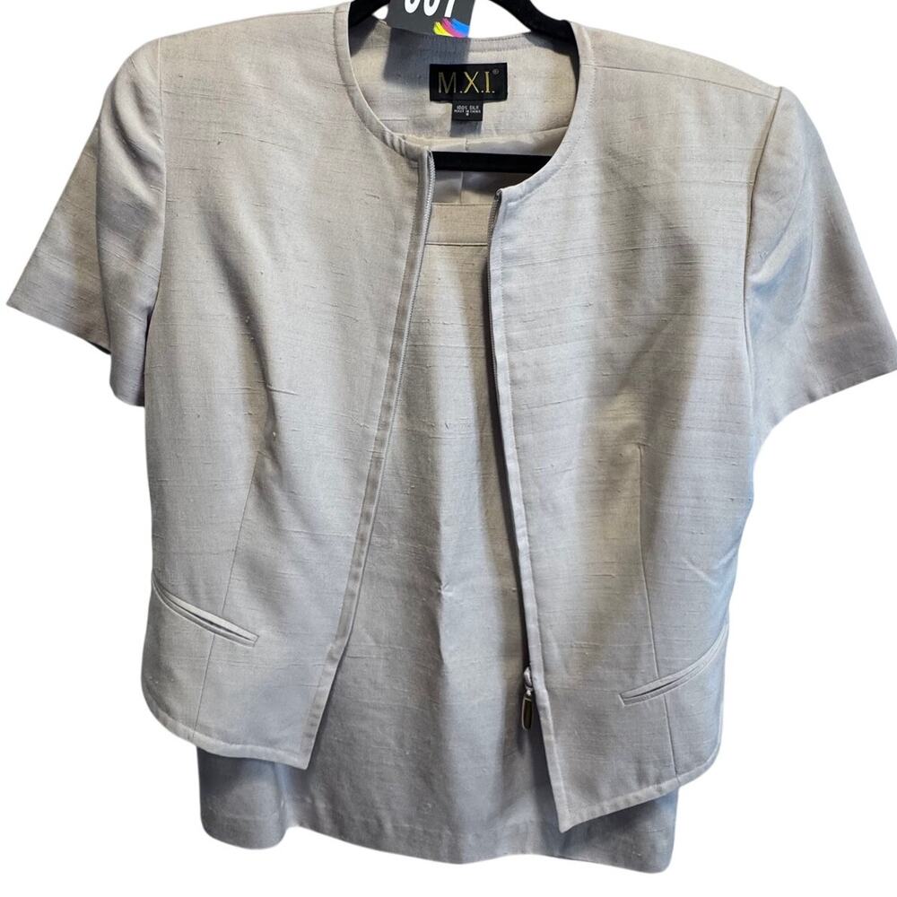 M.X.I. Vintage 100% Silk Skirt Suit Set Champagne Beige Short Sleeve Size 8
